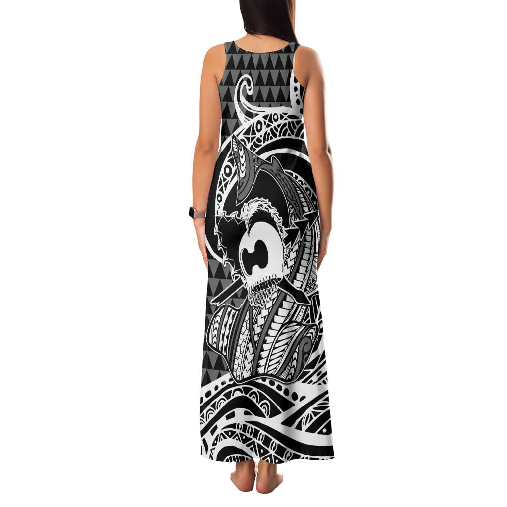 Koa Ikaika Warrior Helmet with Shark Family Matching Tank Maxi Dress and Hawaiian Shirt Black Kakau Style LT9 - Polynesian Pride