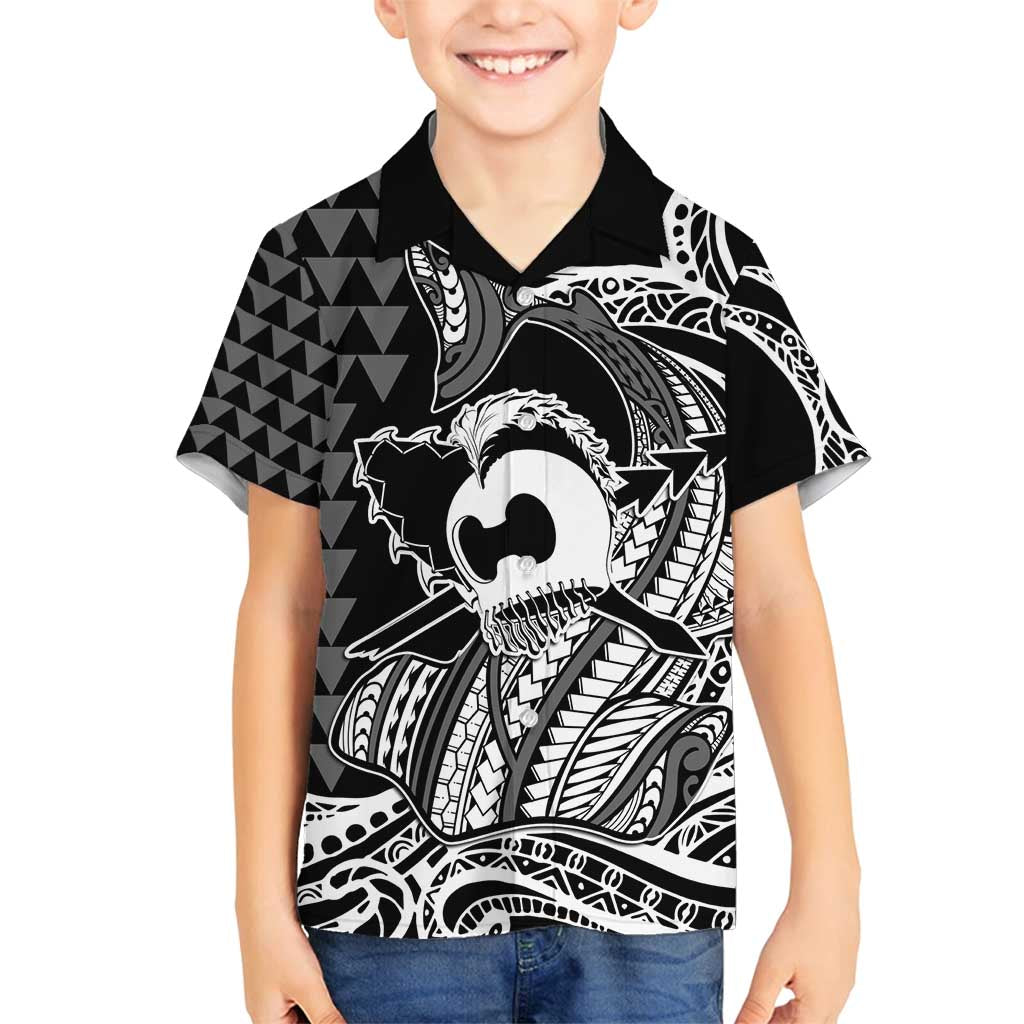 Koa Ikaika Warrior Helmet with Shark Family Matching Tank Maxi Dress and Hawaiian Shirt Black Kakau Style LT9 Son's Shirt Black - Polynesian Pride