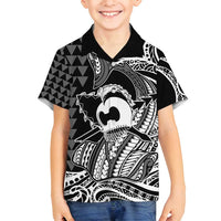 Koa Ikaika Warrior Helmet with Shark Family Matching Tank Maxi Dress and Hawaiian Shirt Black Kakau Style LT9 Son's Shirt Black - Polynesian Pride