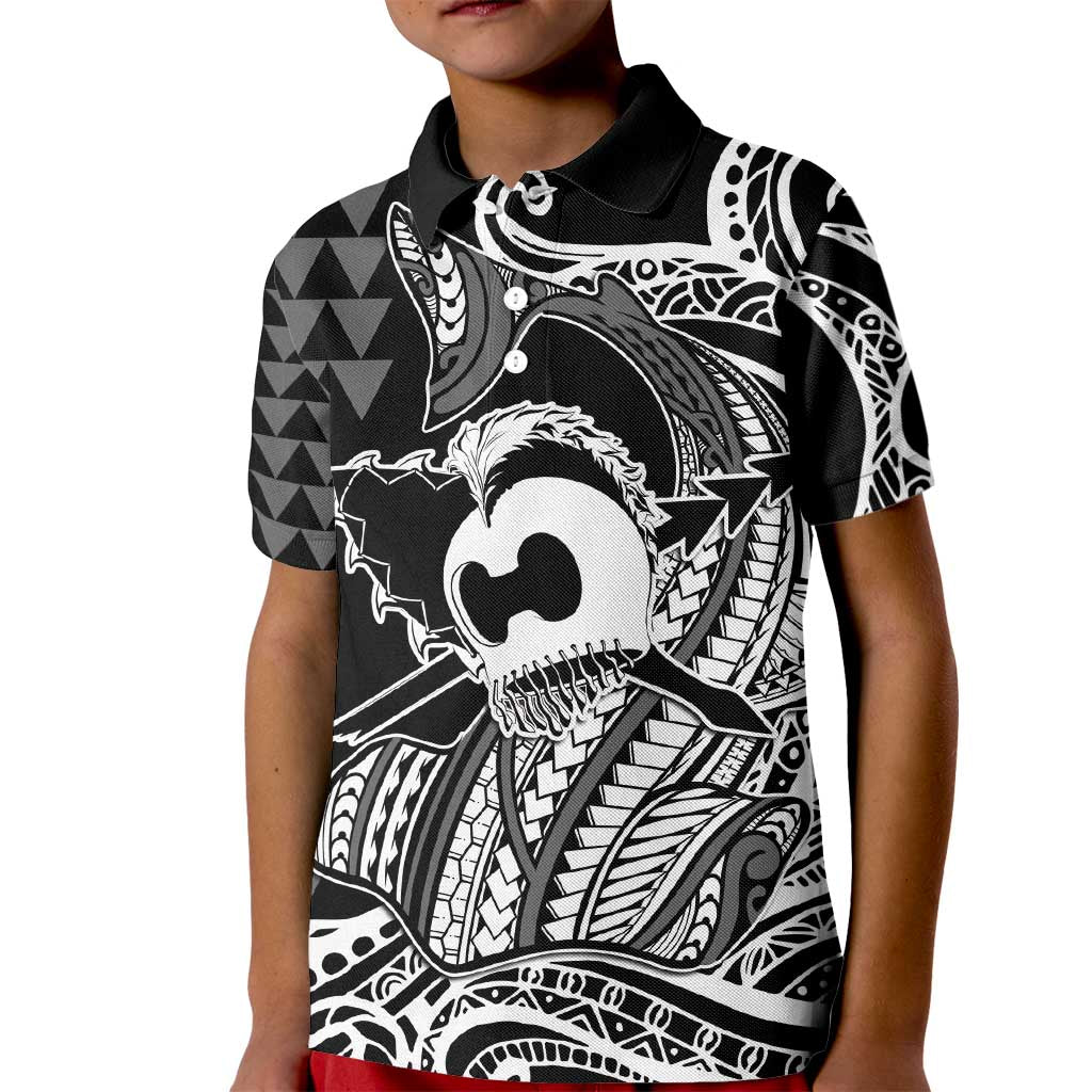 Koa Ikaika Warrior Helmet with Shark Kid Polo Shirt Black Kakau Style