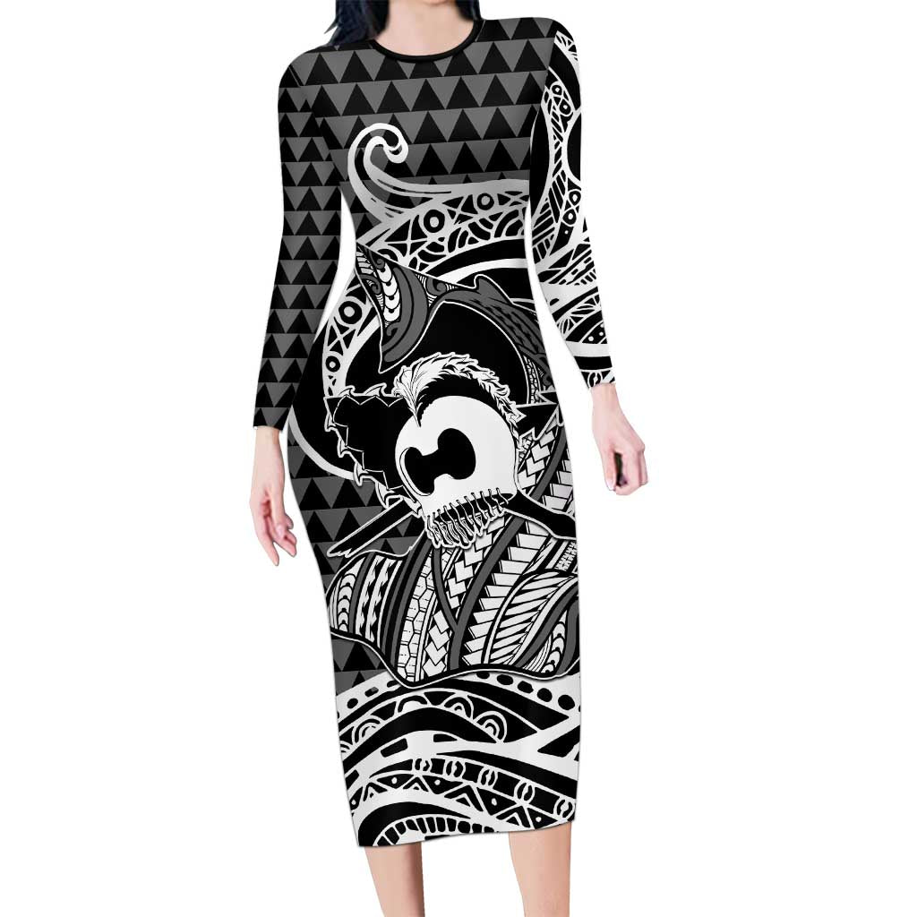 Koa Ikaika Warrior Helmet with Shark Long Sleeve Bodycon Dress Black Kakau Style LT9 Long Dress Black - Polynesian Pride