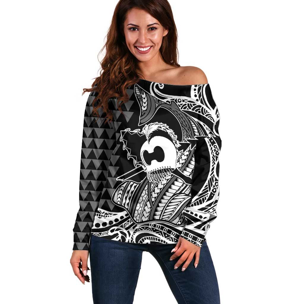 Koa Ikaika Warrior Helmet with Shark Off Shoulder Sweater Black Kakau Style LT9 Women Black - Polynesian Pride