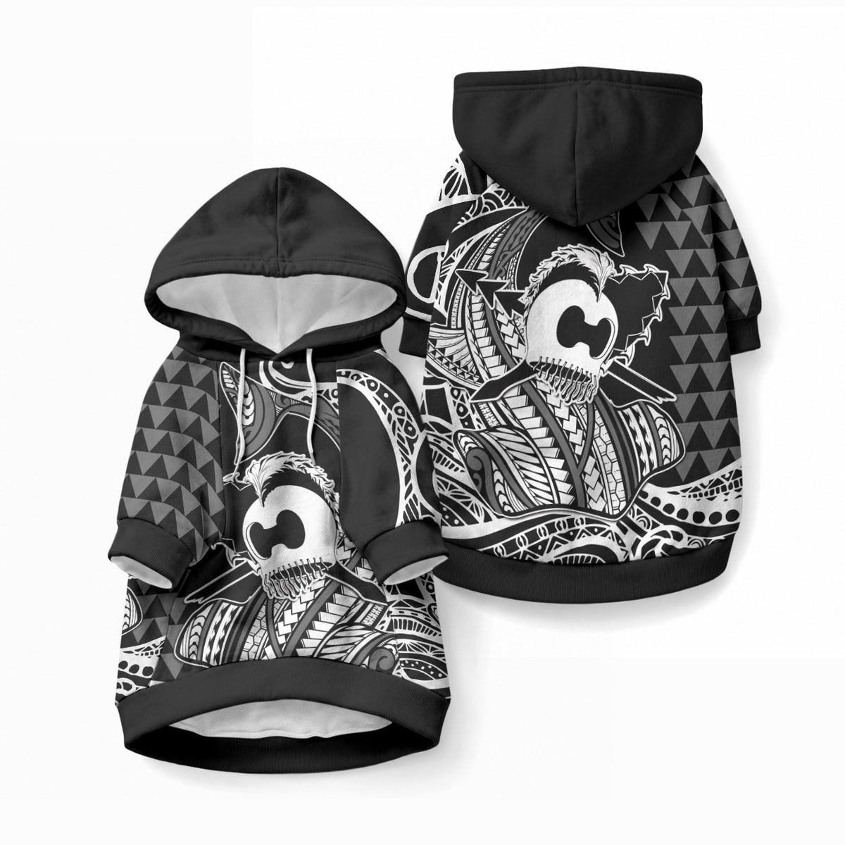 Koa Ikaika Warrior Helmet with Shark Pet Hoodie Black Kakau Style LT9 Pullover Black - Polynesian Pride