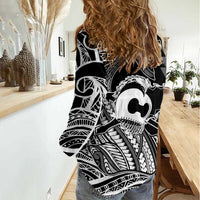 Koa Ikaika Warrior Helmet with Shark Women Casual Shirt Black Kakau Style