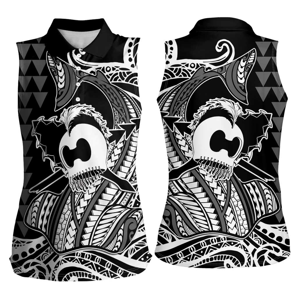Koa Ikaika Warrior Helmet with Shark Women Sleeveless Polo Shirt Black Kakau Style
