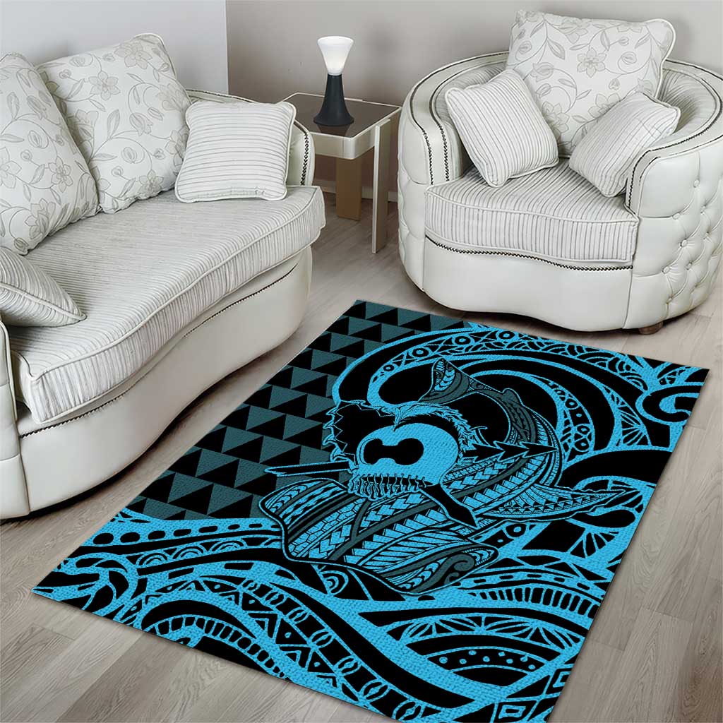Koa Ikaika Warrior Helmet with Shark Area Rug Blue Kakau Style