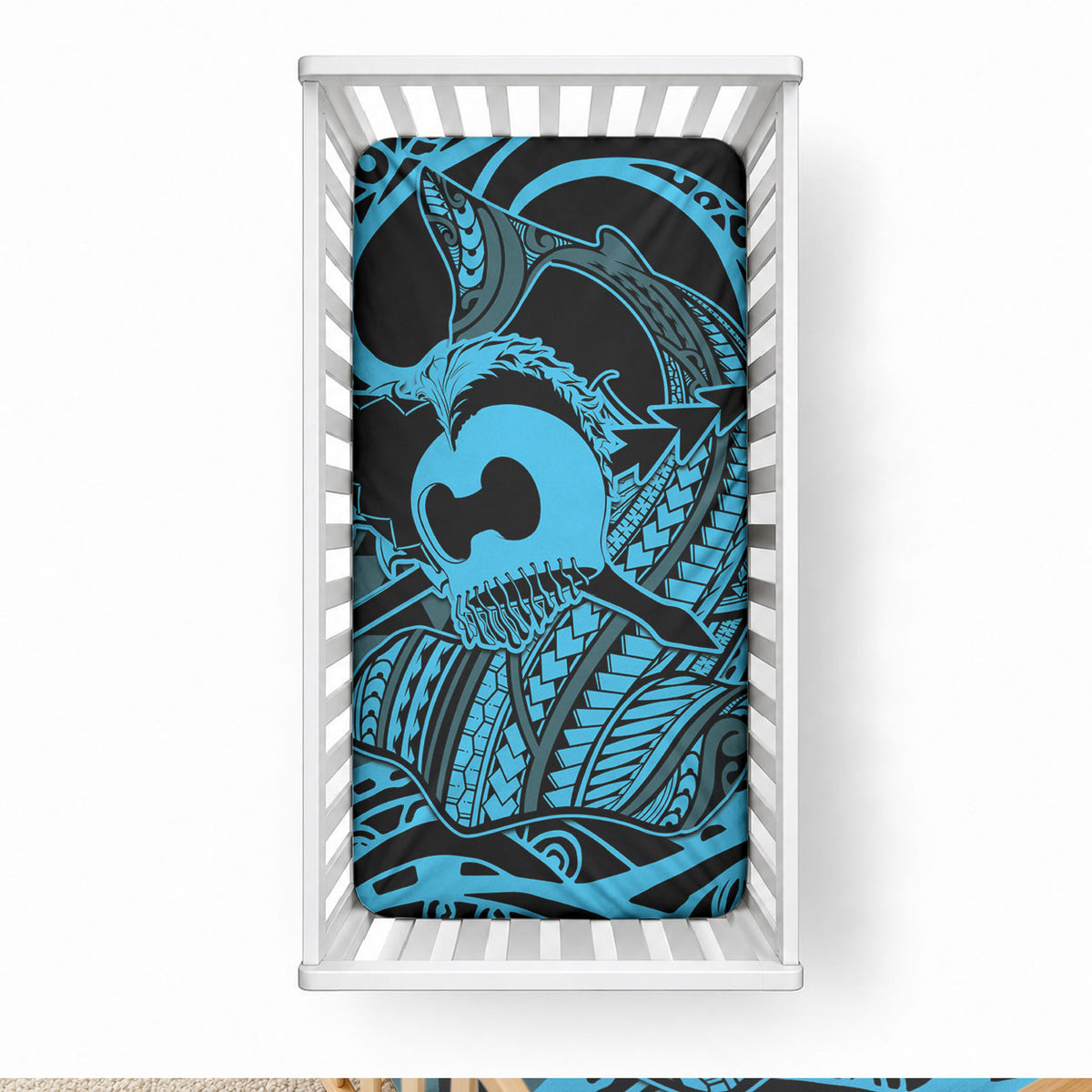Koa Ikaika Warrior Helmet with Shark Baby Bed Cover Blue Kakau Style LT9 28 × 52 in Blue - Polynesian Pride