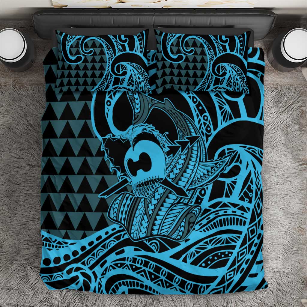 Koa Ikaika Warrior Helmet with Shark Bedding Set Blue Kakau Style LT9 Blue - Polynesian Pride
