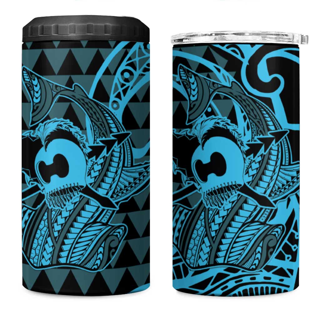 Koa Ikaika Warrior Helmet with Shark 4 in 1 Can Cooler Tumbler Blue Kakau Style LT9 One Size: 16 oz Blue - Polynesian Pride