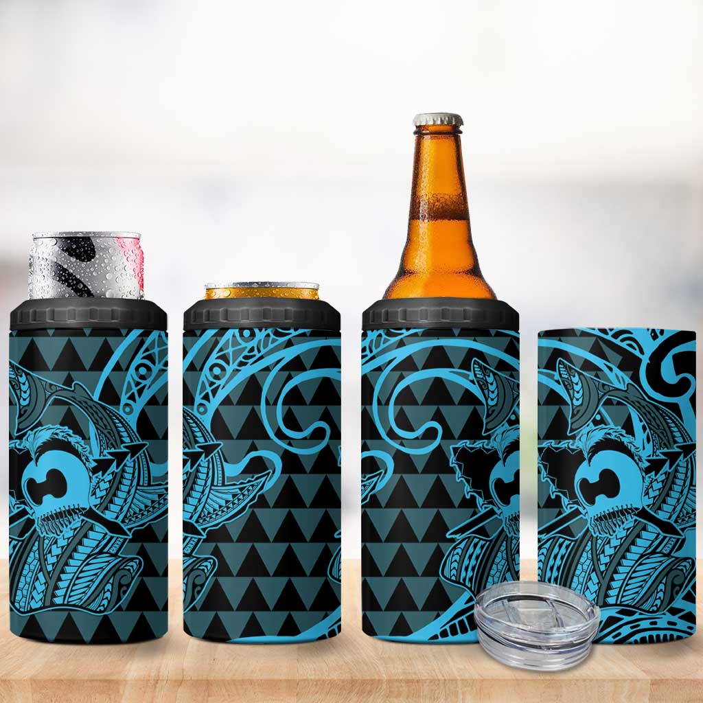 Koa Ikaika Warrior Helmet with Shark 4 in 1 Can Cooler Tumbler Blue Kakau Style LT9 - Polynesian Pride