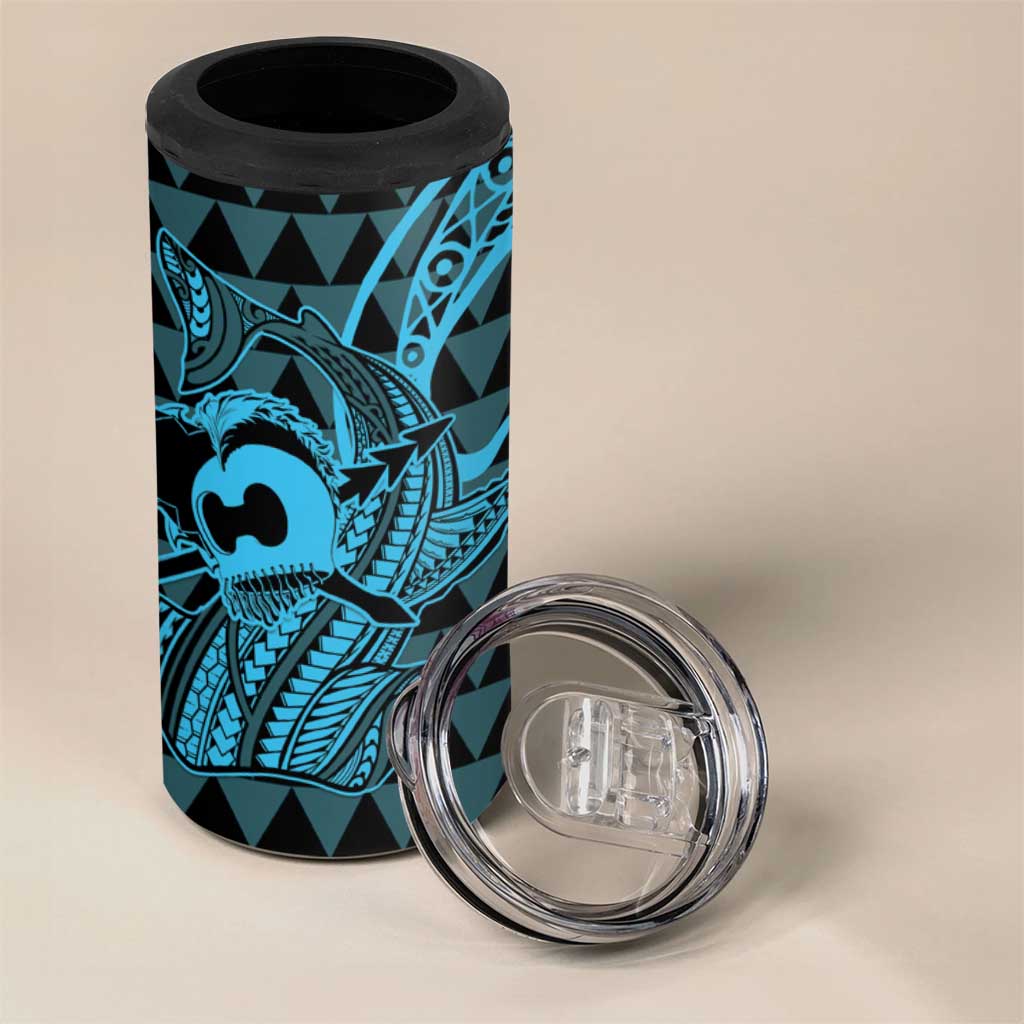 Koa Ikaika Warrior Helmet with Shark 4 in 1 Can Cooler Tumbler Blue Kakau Style LT9 - Polynesian Pride