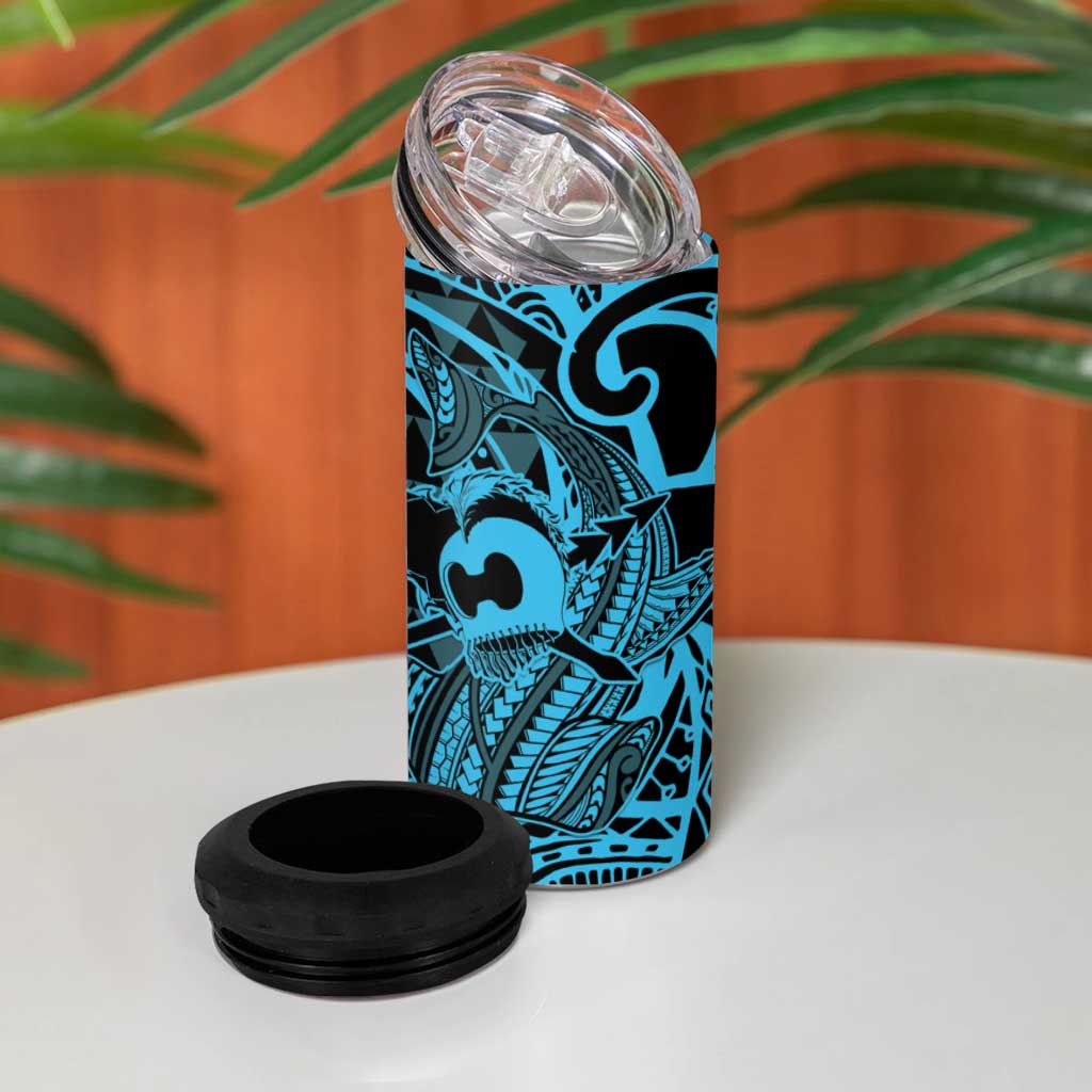 Koa Ikaika Warrior Helmet with Shark 4 in 1 Can Cooler Tumbler Blue Kakau Style LT9 - Polynesian Pride