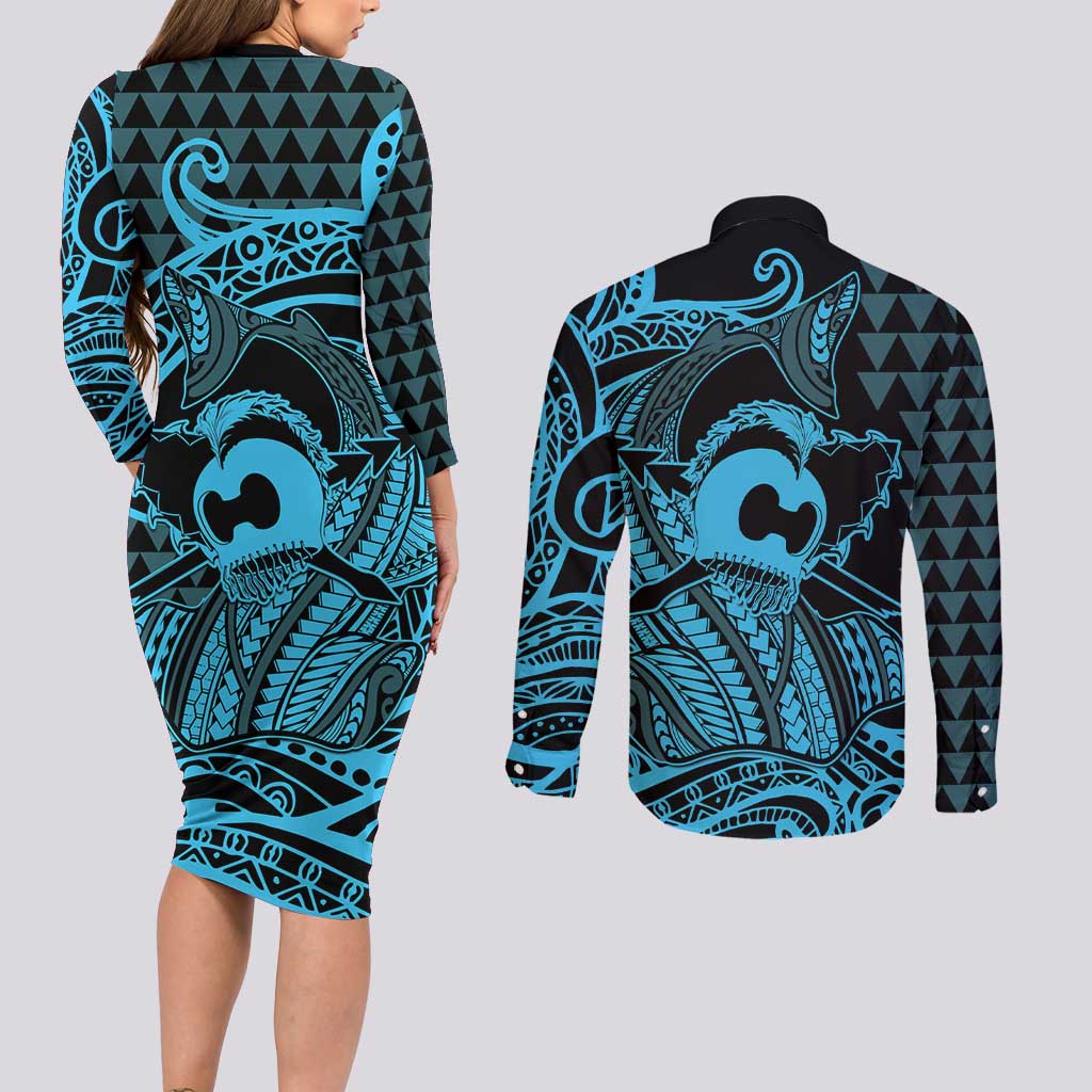 Koa Ikaika Warrior Helmet with Shark Couples Matching Long Sleeve Bodycon Dress and Long Sleeve Button Shirt Blue Kakau Style