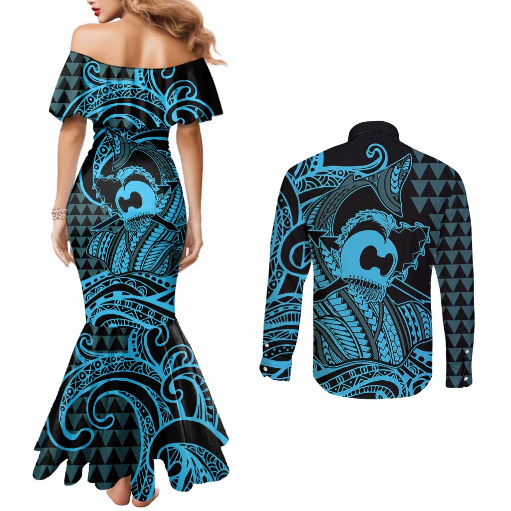 Koa Ikaika Warrior Helmet with Shark Couples Matching Mermaid Dress and Long Sleeve Button Shirt Blue Kakau Style