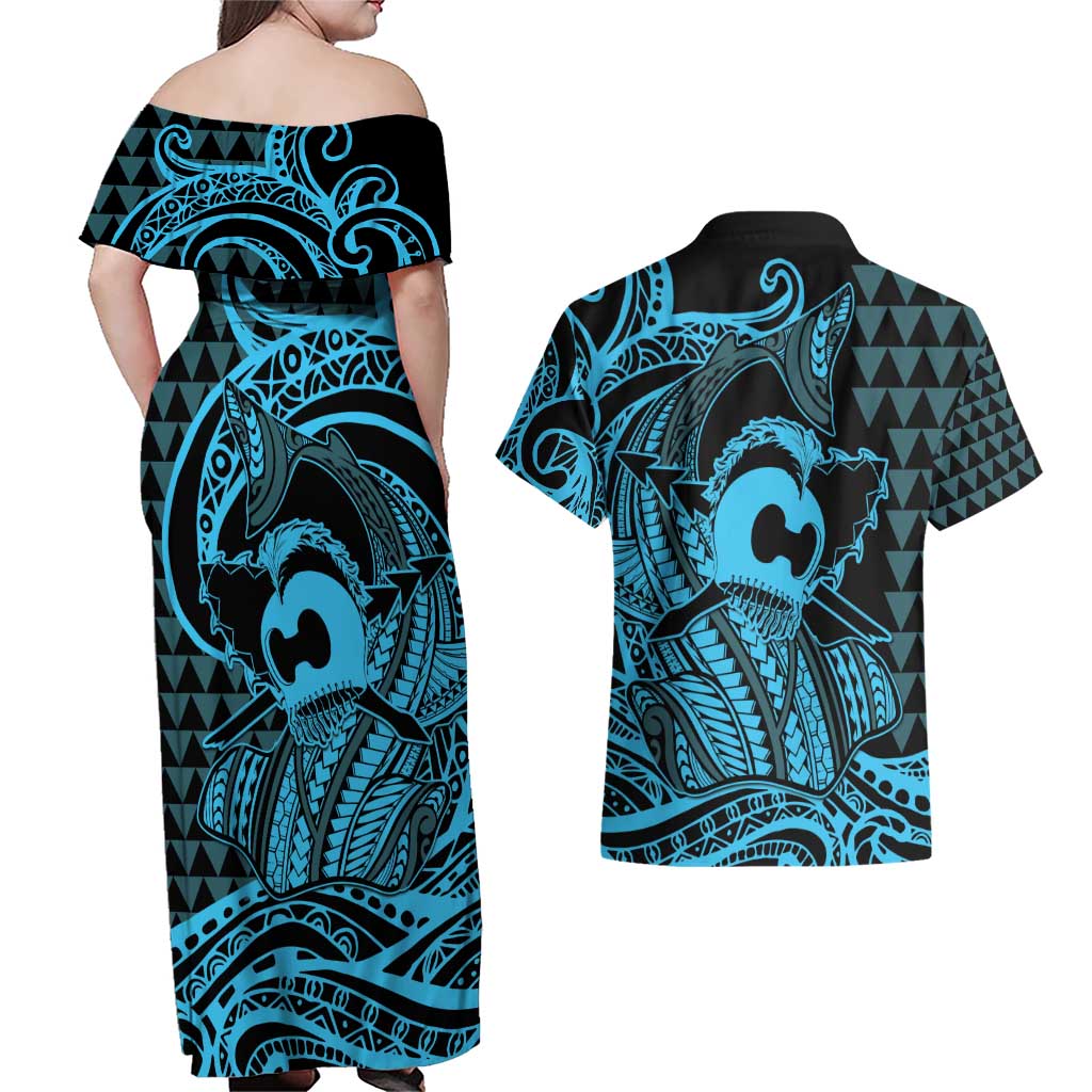 Koa Ikaika Warrior Helmet with Shark Couples Matching Off Shoulder Maxi Dress and Hawaiian Shirt Blue Kakau Style