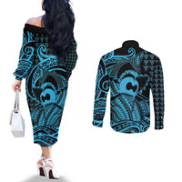 Koa Ikaika Warrior Helmet with Shark Couples Matching Off The Shoulder Long Sleeve Dress and Long Sleeve Button Shirt Blue Kakau Style