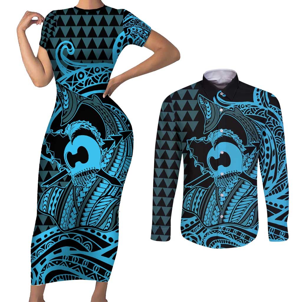 Koa Ikaika Warrior Helmet with Shark Couples Matching Short Sleeve Bodycon Dress and Long Sleeve Button Shirt Blue Kakau Style