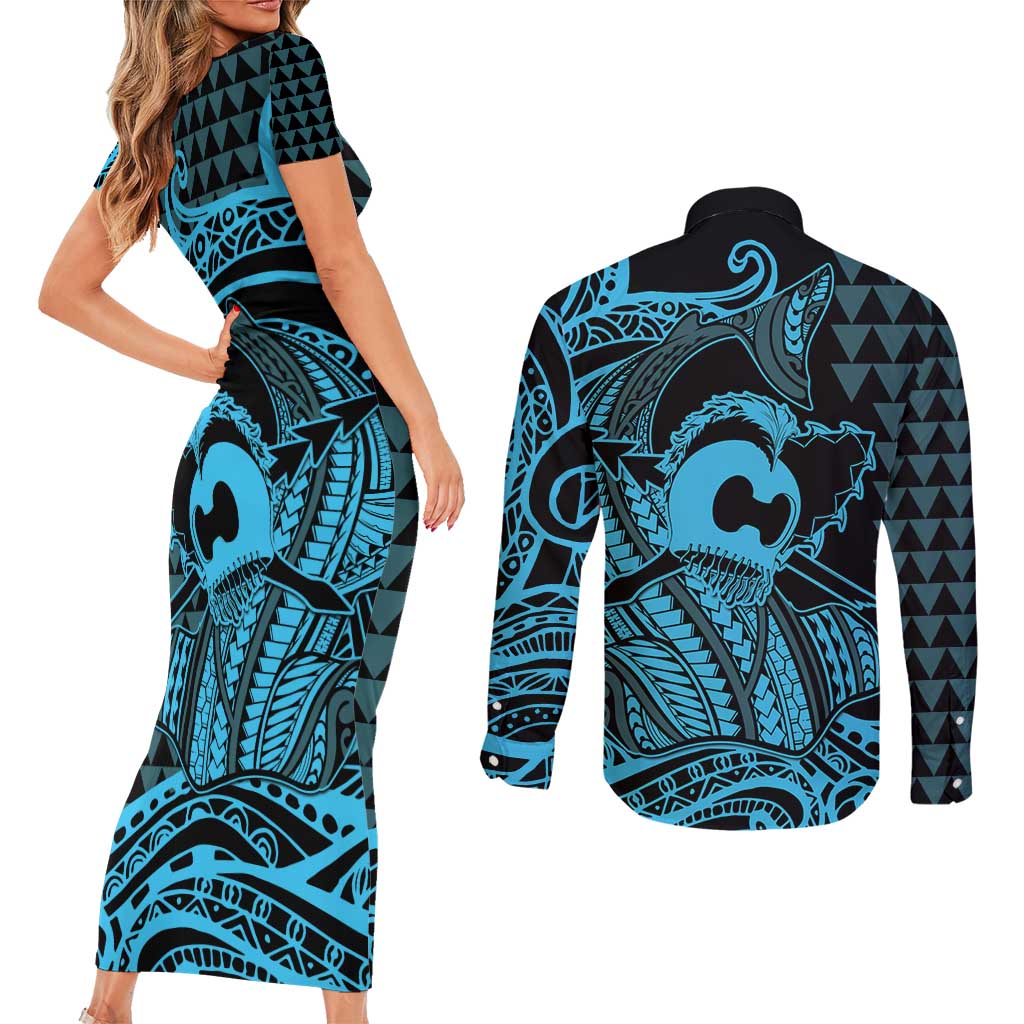 Koa Ikaika Warrior Helmet with Shark Couples Matching Short Sleeve Bodycon Dress and Long Sleeve Button Shirt Blue Kakau Style