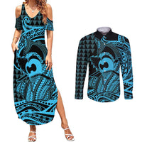 Koa Ikaika Warrior Helmet with Shark Couples Matching Summer Maxi Dress and Long Sleeve Button Shirt Blue Kakau Style