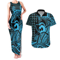 Koa Ikaika Warrior Helmet with Shark Couples Matching Tank Maxi Dress and Hawaiian Shirt Blue Kakau Style