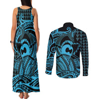 Koa Ikaika Warrior Helmet with Shark Couples Matching Tank Maxi Dress and Long Sleeve Button Shirt Blue Kakau Style