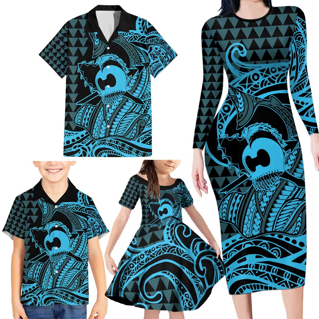 Koa Ikaika Warrior Helmet with Shark Family Matching Long Sleeve Bodycon Dress and Hawaiian Shirt Blue Kakau Style LT9 - Polynesian Pride