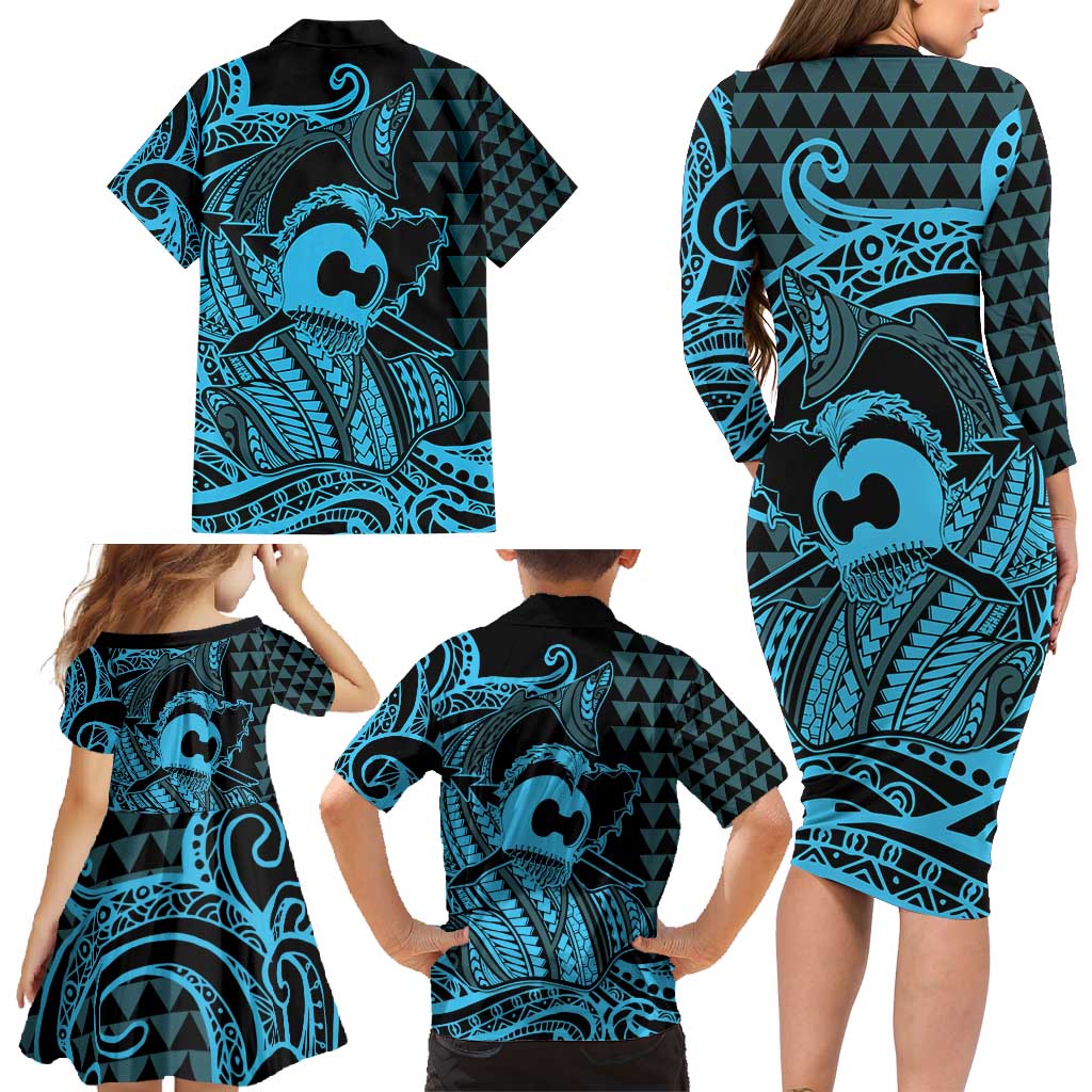 Koa Ikaika Warrior Helmet with Shark Family Matching Long Sleeve Bodycon Dress and Hawaiian Shirt Blue Kakau Style LT9 - Polynesian Pride