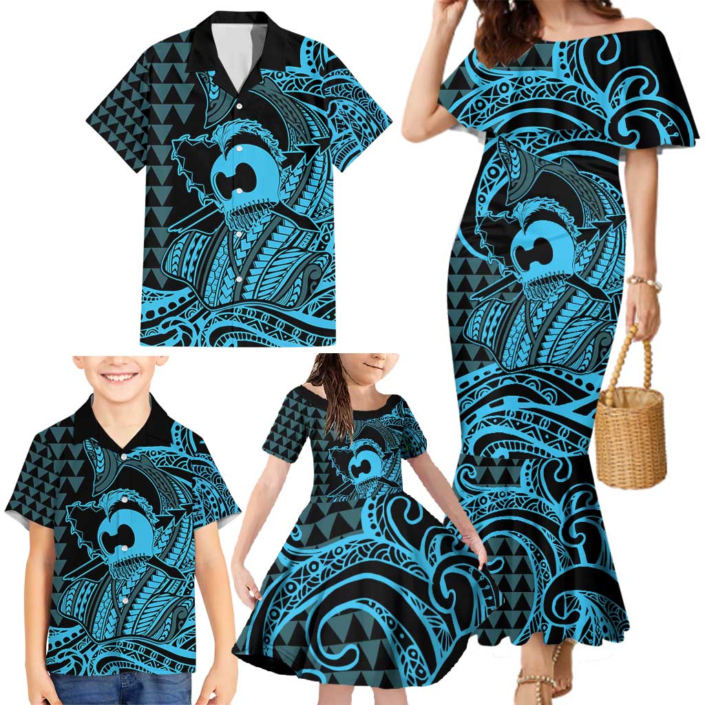 Koa Ikaika Warrior Helmet with Shark Family Matching Mermaid Dress and Hawaiian Shirt Blue Kakau Style LT9 - Polynesian Pride