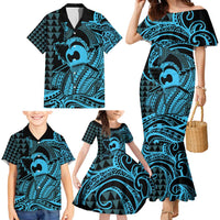 Koa Ikaika Warrior Helmet with Shark Family Matching Mermaid Dress and Hawaiian Shirt Blue Kakau Style LT9 - Polynesian Pride