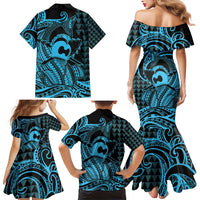 Koa Ikaika Warrior Helmet with Shark Family Matching Mermaid Dress and Hawaiian Shirt Blue Kakau Style LT9 - Polynesian Pride