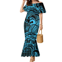 Koa Ikaika Warrior Helmet with Shark Family Matching Mermaid Dress and Hawaiian Shirt Blue Kakau Style LT9 Mom's Dress Blue - Polynesian Pride