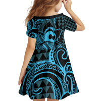 Koa Ikaika Warrior Helmet with Shark Family Matching Off The Shoulder Long Sleeve Dress and Hawaiian Shirt Blue Kakau Style LT9 - Polynesian Pride