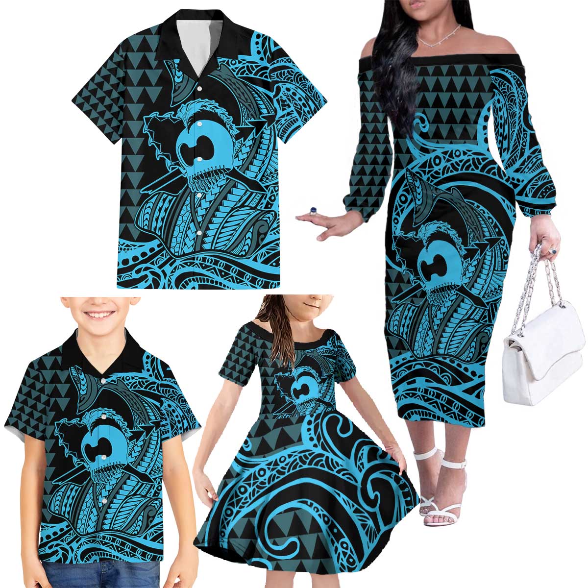 Koa Ikaika Warrior Helmet with Shark Family Matching Off The Shoulder Long Sleeve Dress and Hawaiian Shirt Blue Kakau Style LT9 - Polynesian Pride