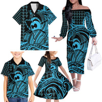 Koa Ikaika Warrior Helmet with Shark Family Matching Off The Shoulder Long Sleeve Dress and Hawaiian Shirt Blue Kakau Style LT9 - Polynesian Pride