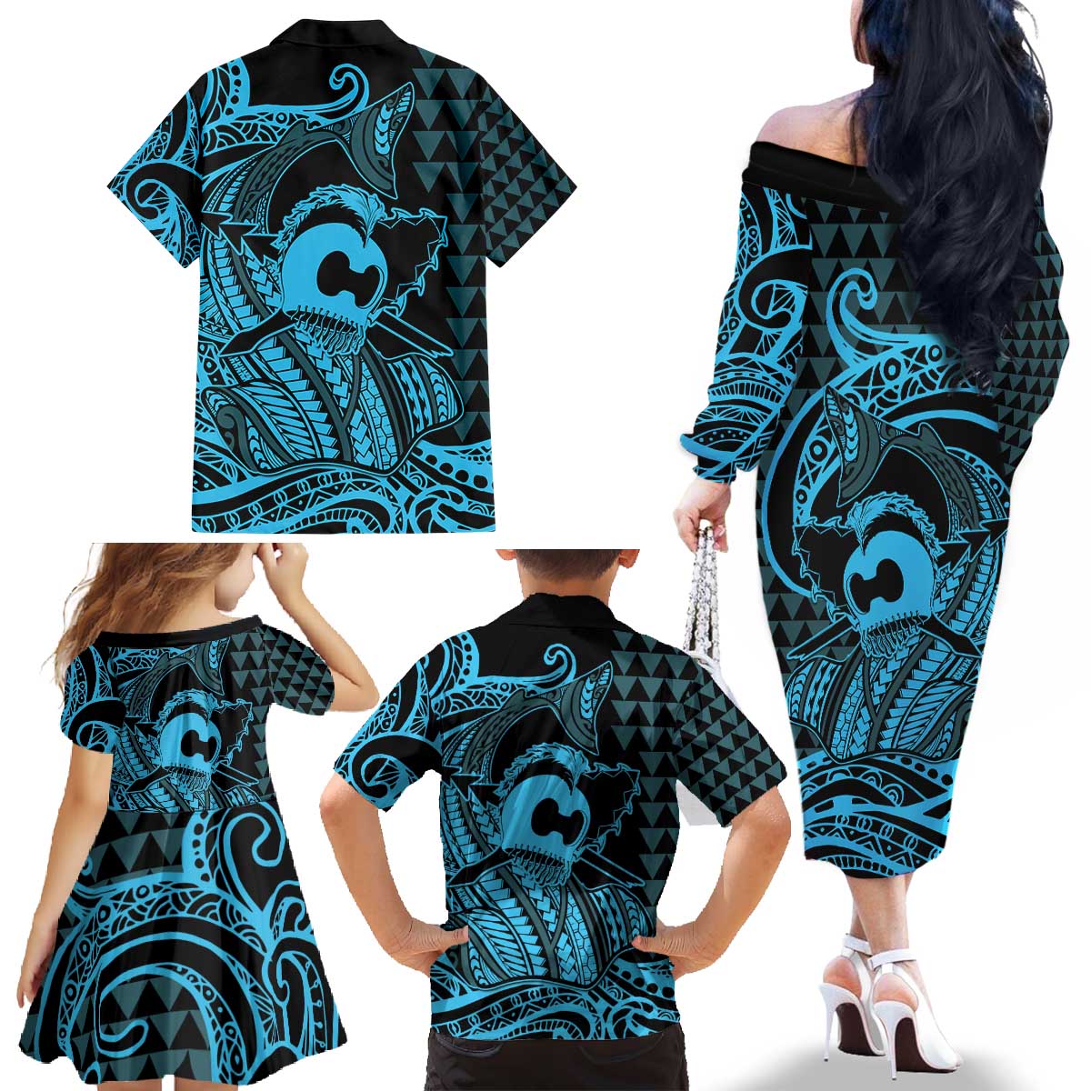 Koa Ikaika Warrior Helmet with Shark Family Matching Off The Shoulder Long Sleeve Dress and Hawaiian Shirt Blue Kakau Style LT9 - Polynesian Pride