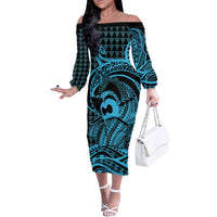 Koa Ikaika Warrior Helmet with Shark Family Matching Off The Shoulder Long Sleeve Dress and Hawaiian Shirt Blue Kakau Style LT9 Mom's Dress Blue - Polynesian Pride
