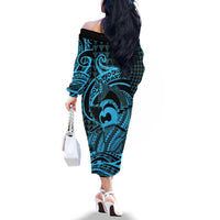 Koa Ikaika Warrior Helmet with Shark Family Matching Off The Shoulder Long Sleeve Dress and Hawaiian Shirt Blue Kakau Style LT9 - Polynesian Pride