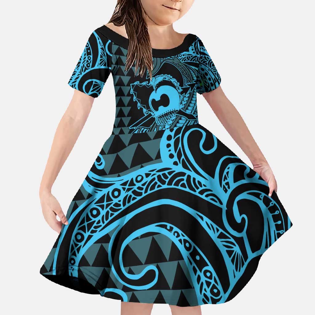 Koa Ikaika Warrior Helmet with Shark Family Matching Off Shoulder Maxi Dress and Hawaiian Shirt Blue Kakau Style