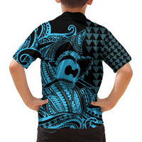 Koa Ikaika Warrior Helmet with Shark Family Matching Off Shoulder Short Dress and Hawaiian Shirt Blue Kakau Style LT9 - Polynesian Pride