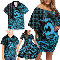 Koa Ikaika Warrior Helmet with Shark Family Matching Off Shoulder Short Dress and Hawaiian Shirt Blue Kakau Style LT9 - Polynesian Pride