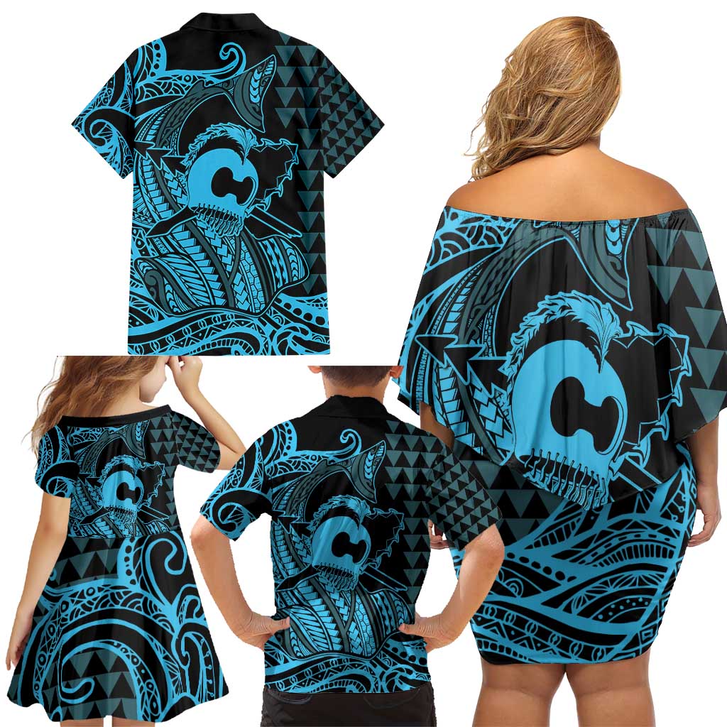 Koa Ikaika Warrior Helmet with Shark Family Matching Off Shoulder Short Dress and Hawaiian Shirt Blue Kakau Style LT9 - Polynesian Pride
