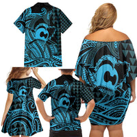 Koa Ikaika Warrior Helmet with Shark Family Matching Off Shoulder Short Dress and Hawaiian Shirt Blue Kakau Style LT9 - Polynesian Pride