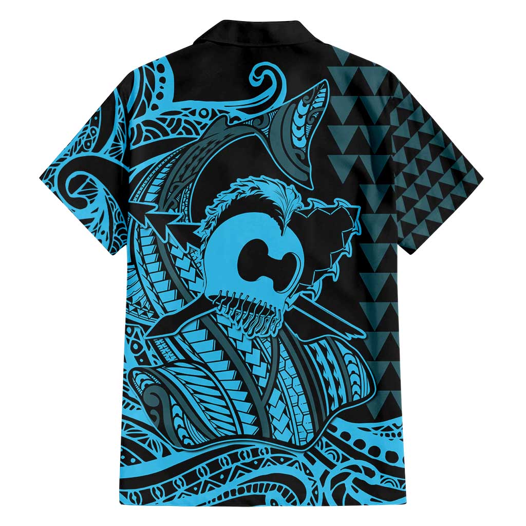 Koa Ikaika Warrior Helmet with Shark Family Matching Off Shoulder Short Dress and Hawaiian Shirt Blue Kakau Style LT9 - Polynesian Pride