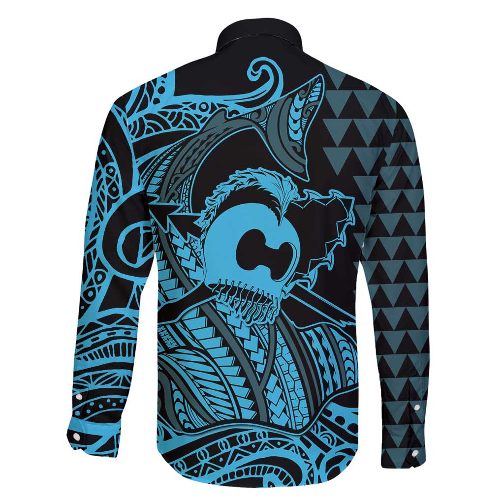 Koa Ikaika Warrior Helmet with Shark Family Matching Off Shoulder Short Dress and Hawaiian Shirt Blue Kakau Style LT9 - Polynesian Pride