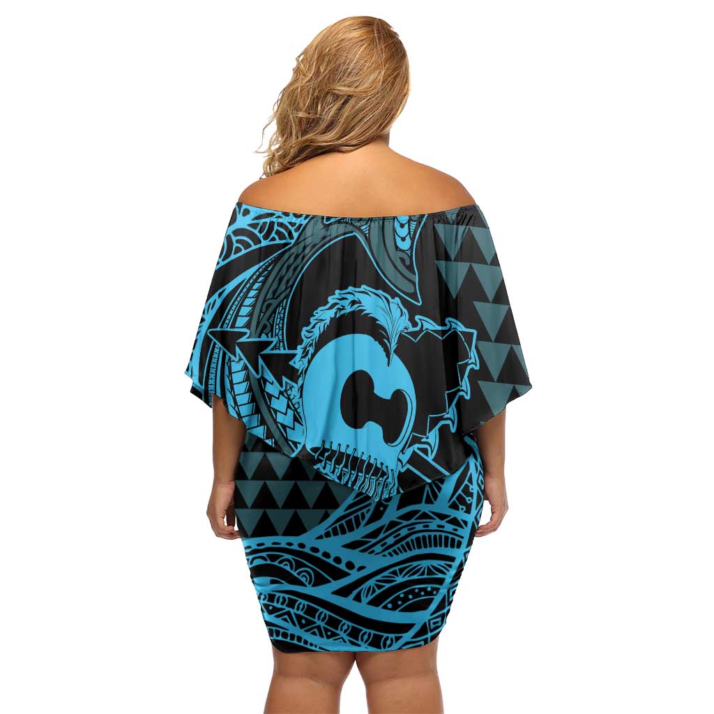 Koa Ikaika Warrior Helmet with Shark Family Matching Off Shoulder Short Dress and Hawaiian Shirt Blue Kakau Style LT9 - Polynesian Pride