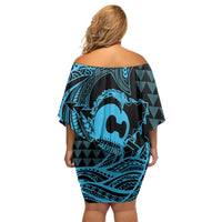 Koa Ikaika Warrior Helmet with Shark Family Matching Off Shoulder Short Dress and Hawaiian Shirt Blue Kakau Style LT9 - Polynesian Pride