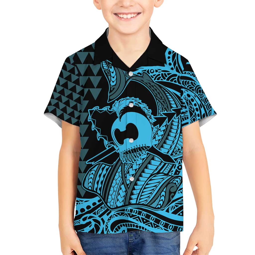 Koa Ikaika Warrior Helmet with Shark Family Matching Off Shoulder Short Dress and Hawaiian Shirt Blue Kakau Style LT9 Son's Shirt Blue - Polynesian Pride