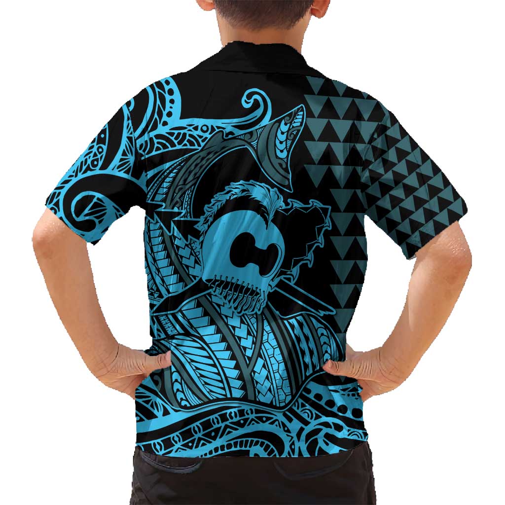 Koa Ikaika Warrior Helmet with Shark Family Matching Puletasi and Hawaiian Shirt Blue Kakau Style