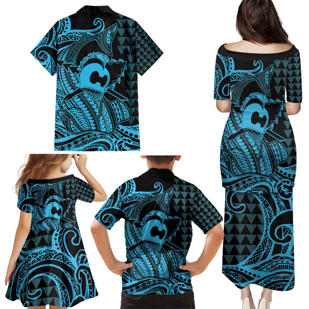 Koa Ikaika Warrior Helmet with Shark Family Matching Puletasi and Hawaiian Shirt Blue Kakau Style