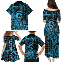 Koa Ikaika Warrior Helmet with Shark Family Matching Puletasi and Hawaiian Shirt Blue Kakau Style